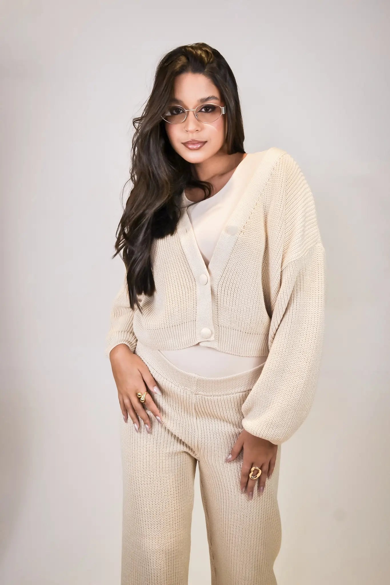 Conjunto Éclair - Calça e Cardigan Curto de Tricot Feminino