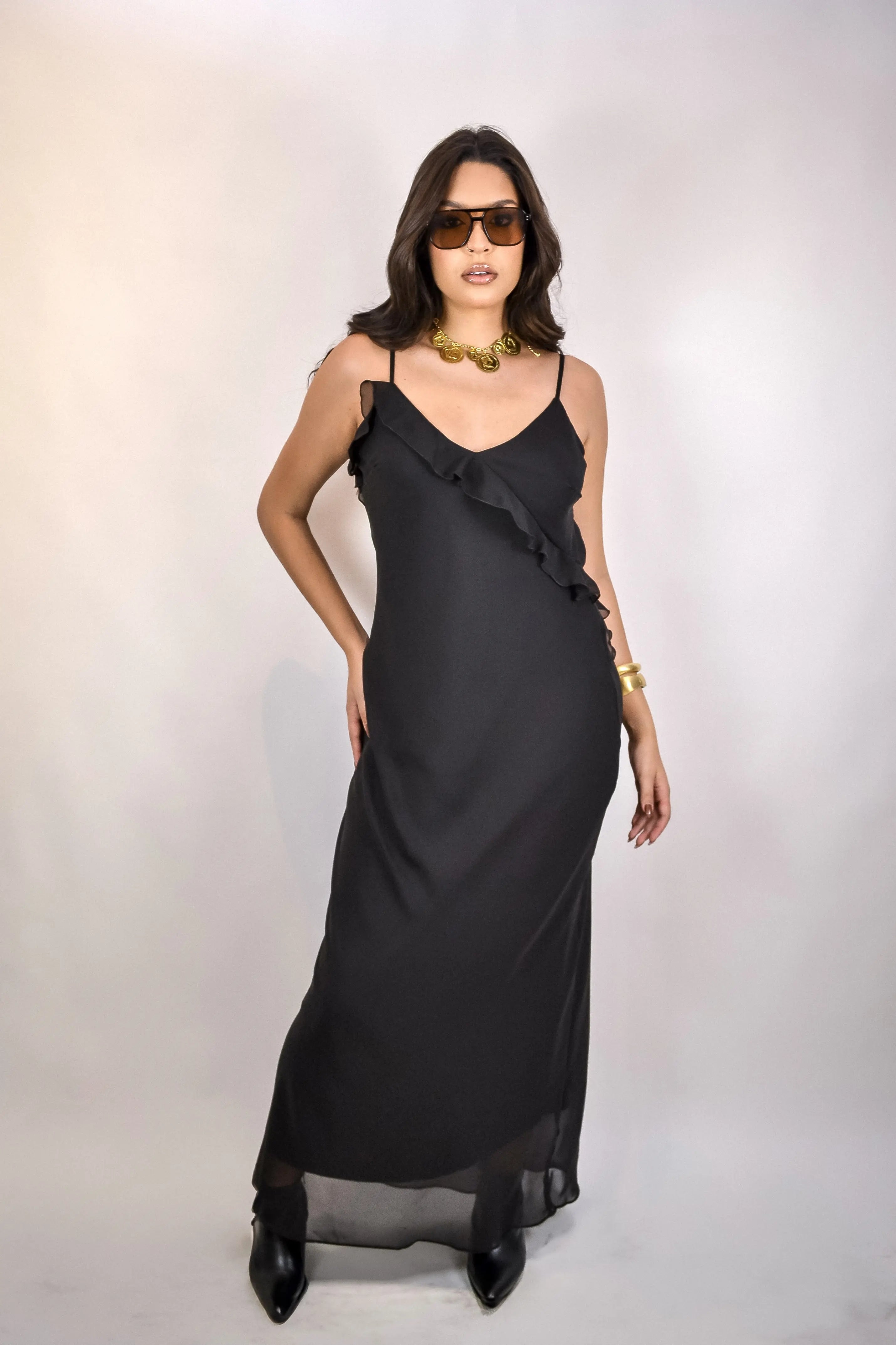 Vestido Verbana - longo de crepe de seda com babados
