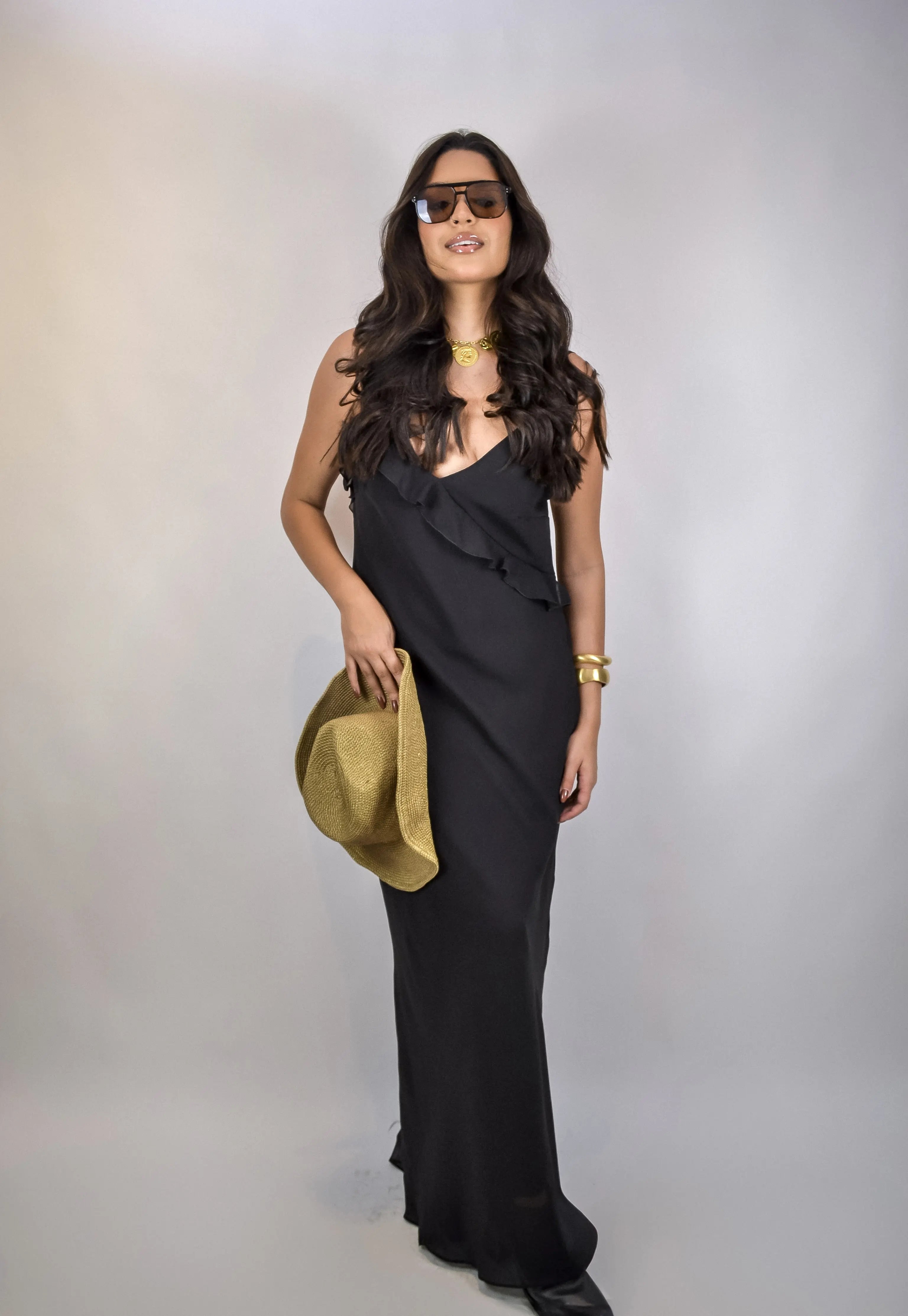 Vestido Verbana - longo de crepe de seda com babados