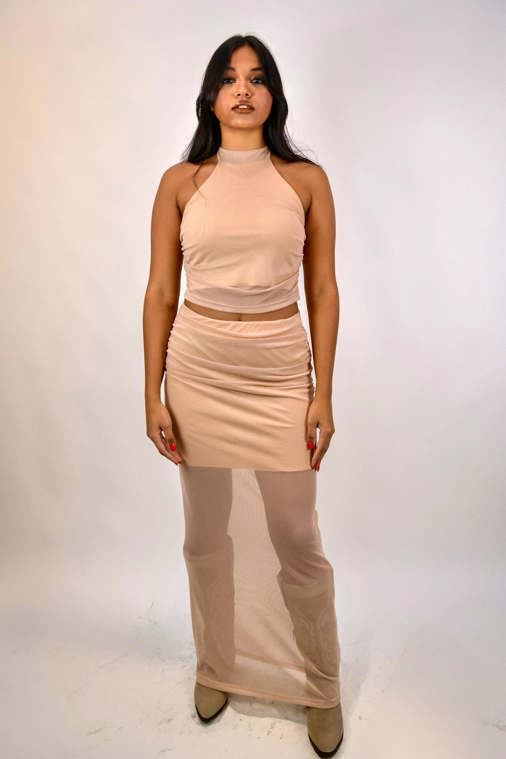Conjunto Bellini - tule com top frente única gola alta e saia midi drapeada