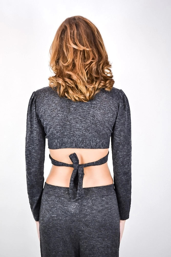 Cropped Toffee - transpassado em tricô flamê com amarração