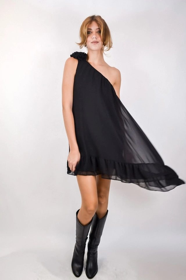 Vestido Sálvia - curto um ombro assimétrico