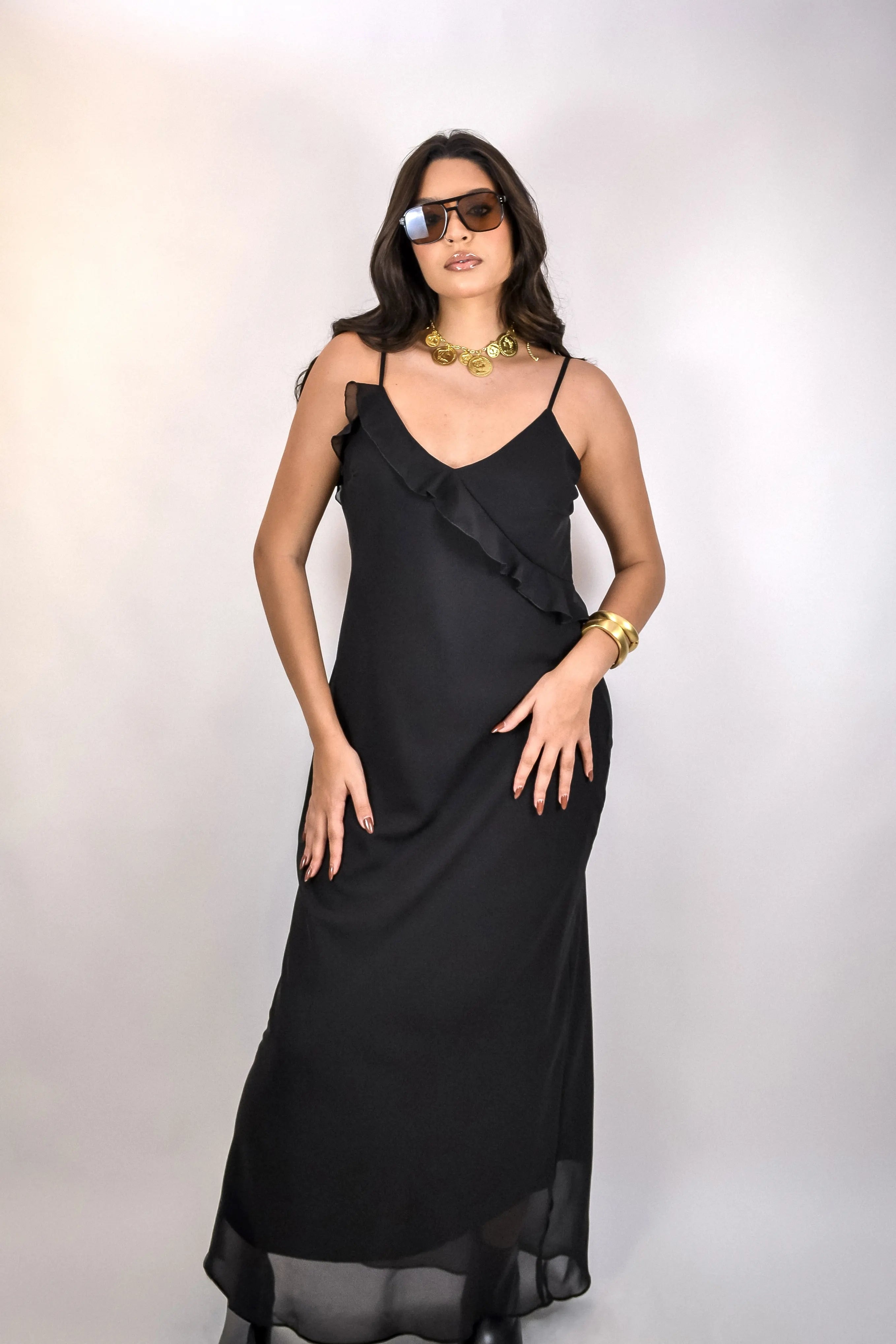 Vestido Verbana - longo de crepe de seda com babados